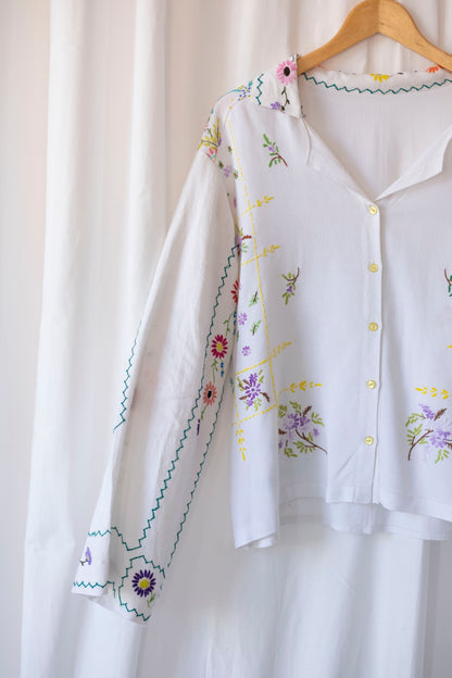 Lavender ~ Reworked Embroidered Tablecloth Shirt ~ L