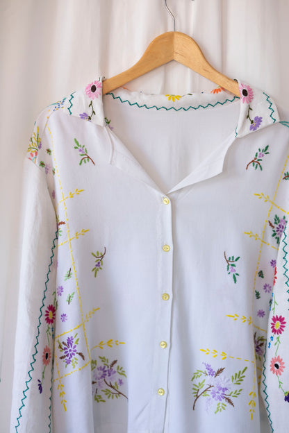 Lavender ~ Reworked Embroidered Tablecloth Shirt ~ L