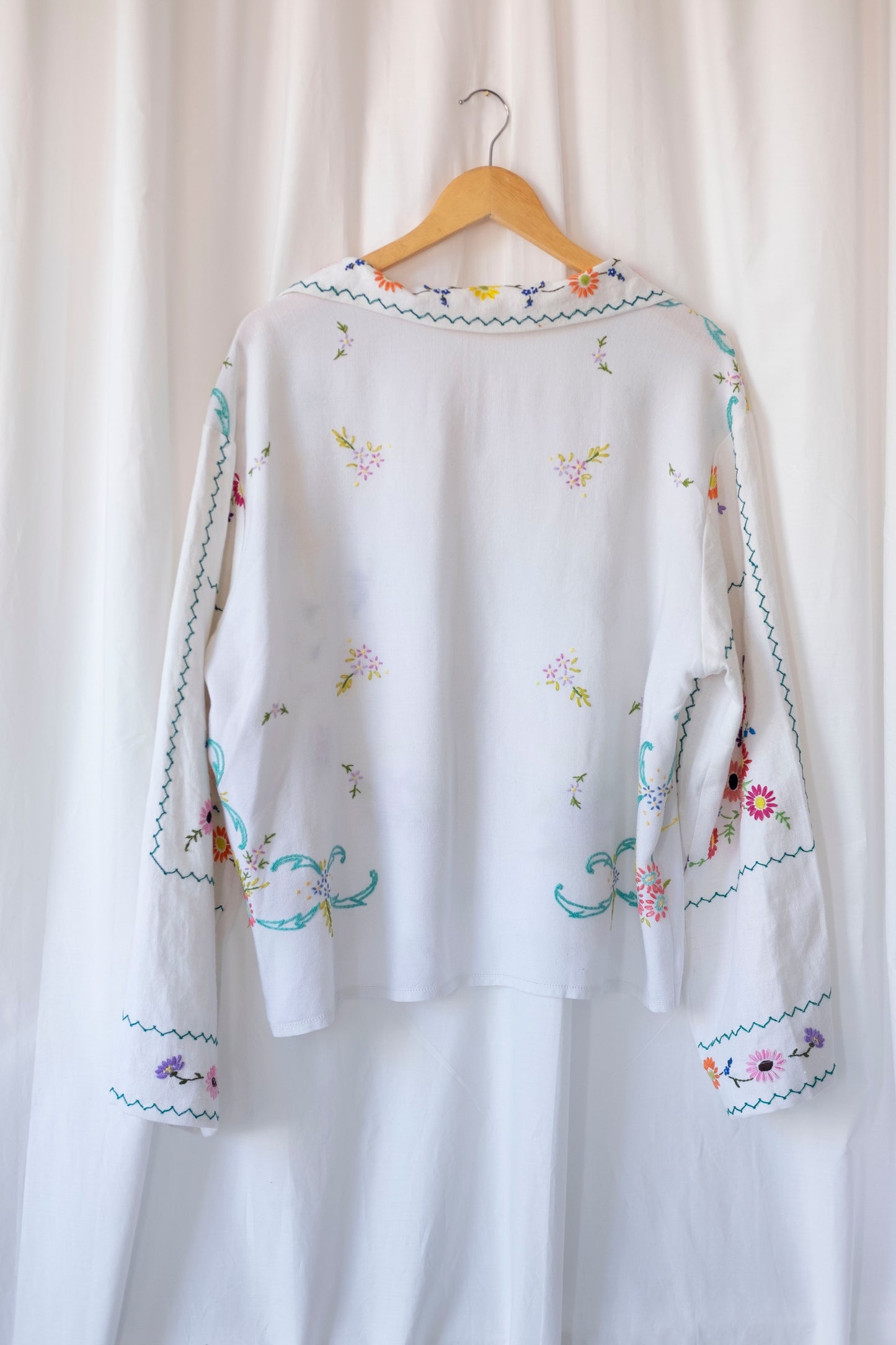 Lavender ~ Reworked Embroidered Tablecloth Shirt ~ L