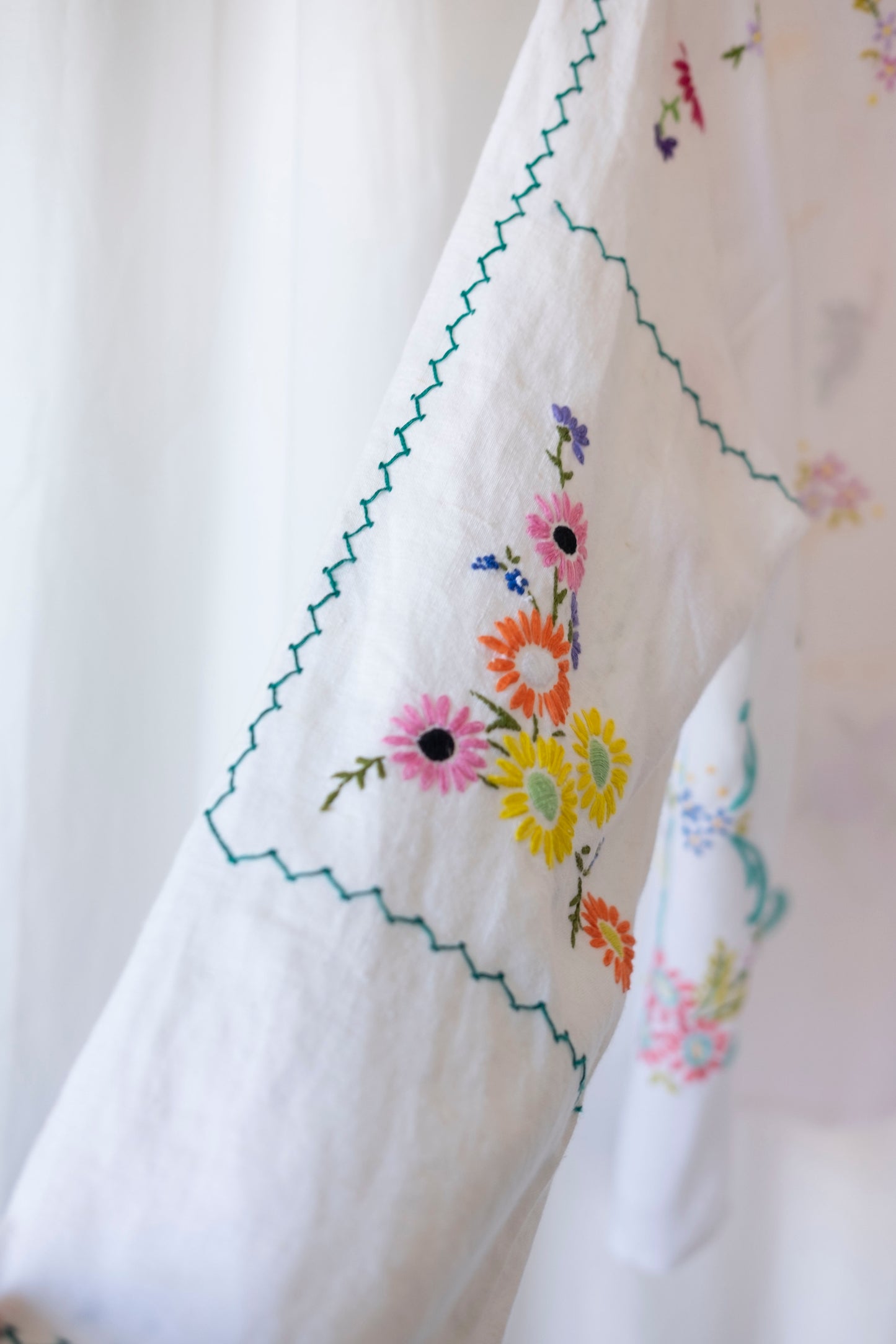 Lavender ~ Reworked Embroidered Tablecloth Shirt ~ L